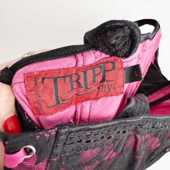 [Tripp NYC] Black Pink Y2K Floral Print Lace Hook & Eye Corset Top Size Large L - Picture 11 of 12